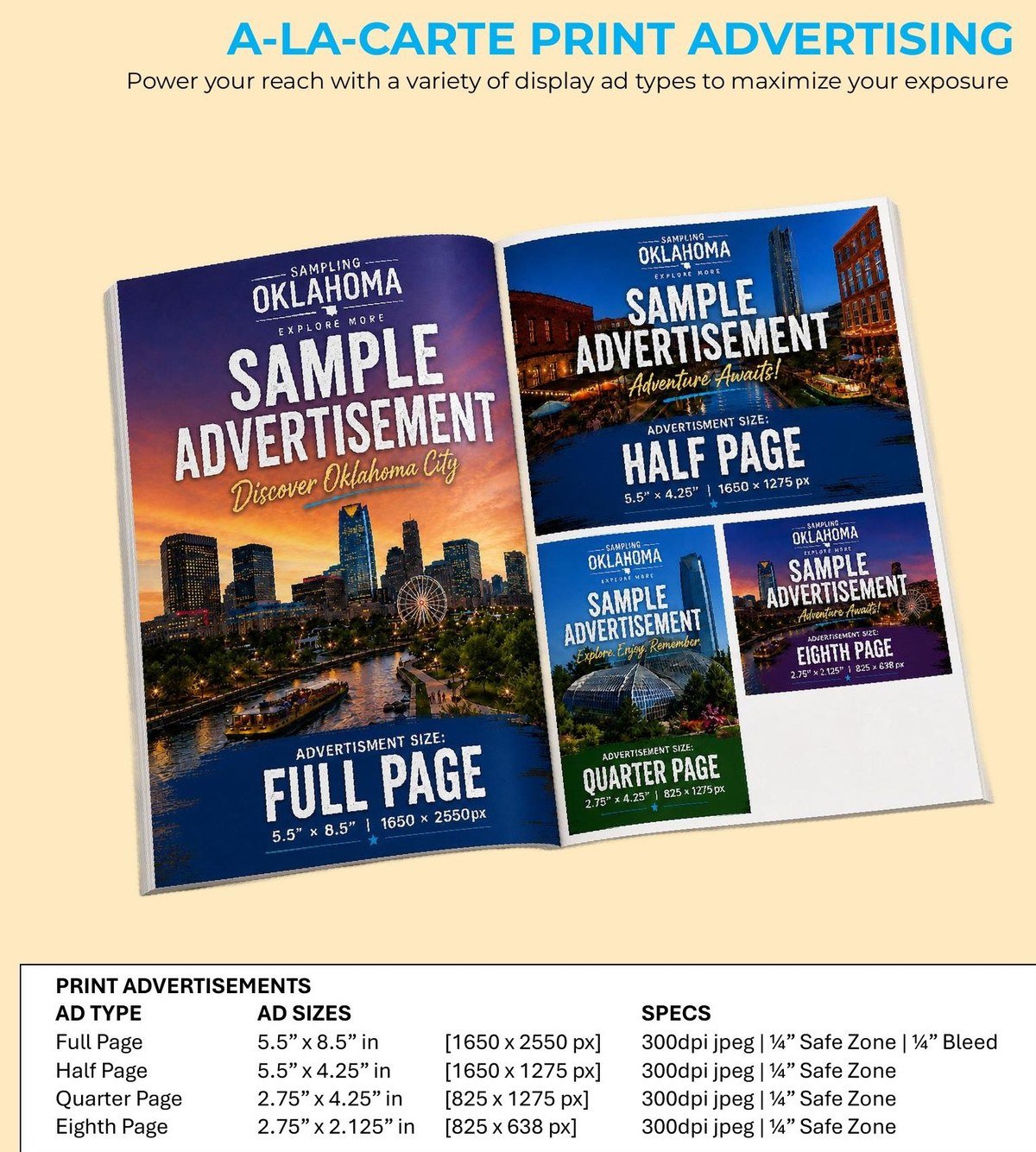 Media kit page showing sample Full Page, Half Page, Quarter Page and Eighth Page print advertisement sizes with dimensions and specs