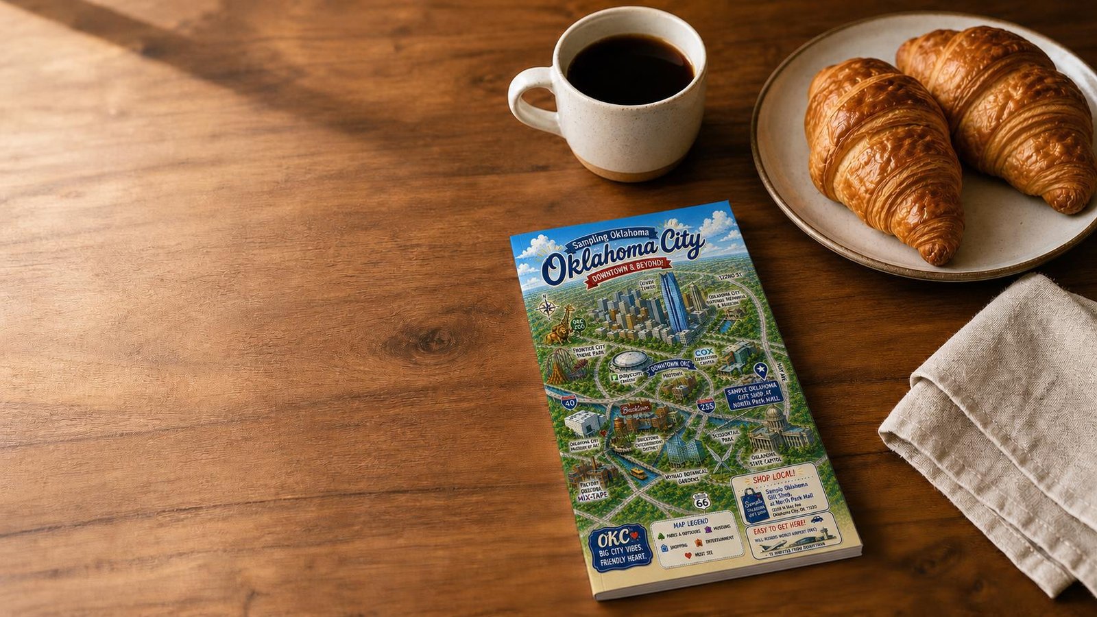 The Sampling Oklahoma Travel Guide on a wooden table beside coffee and croissants