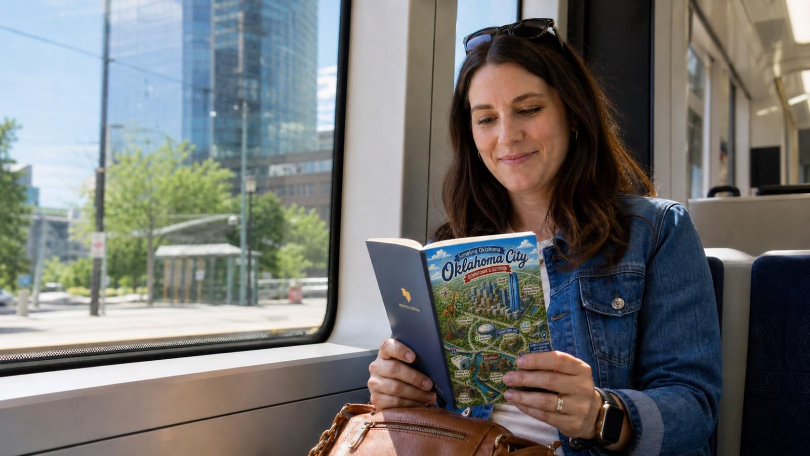 A visitor reading the Sampling Oklahoma Travel Guide aboard the OKC Streetcar, downtown skyline in the background